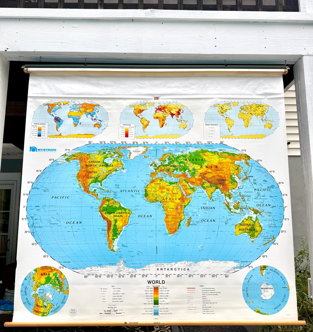 Vtg Nystrom Pull Down World Map ~ School Classroom Pull Down Map ~ 1 Layer Educational Map