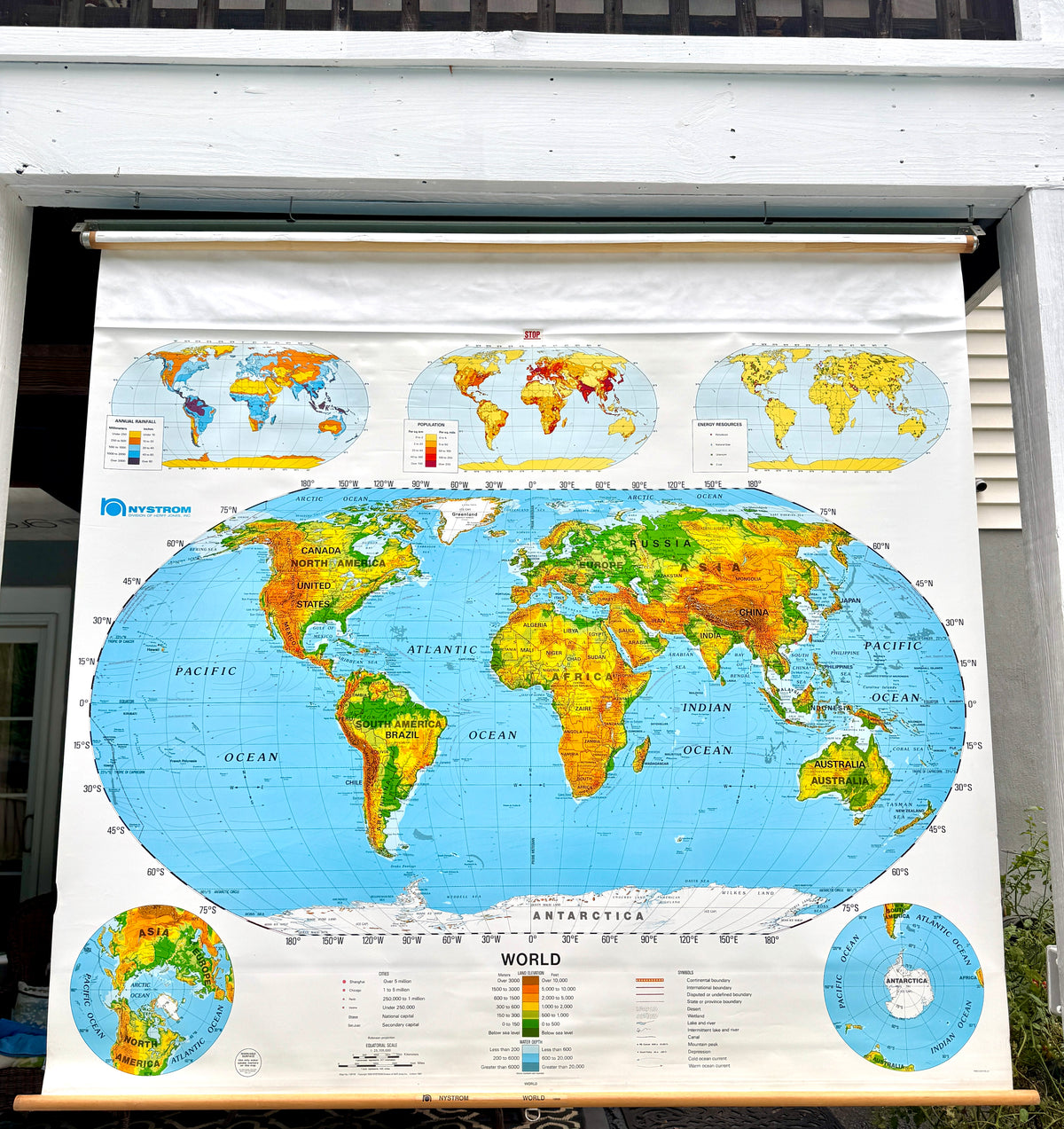 Vtg Nystrom Pull Down World Map ~ School Classroom Pull Down Map ~ 1 Layer Educational Map