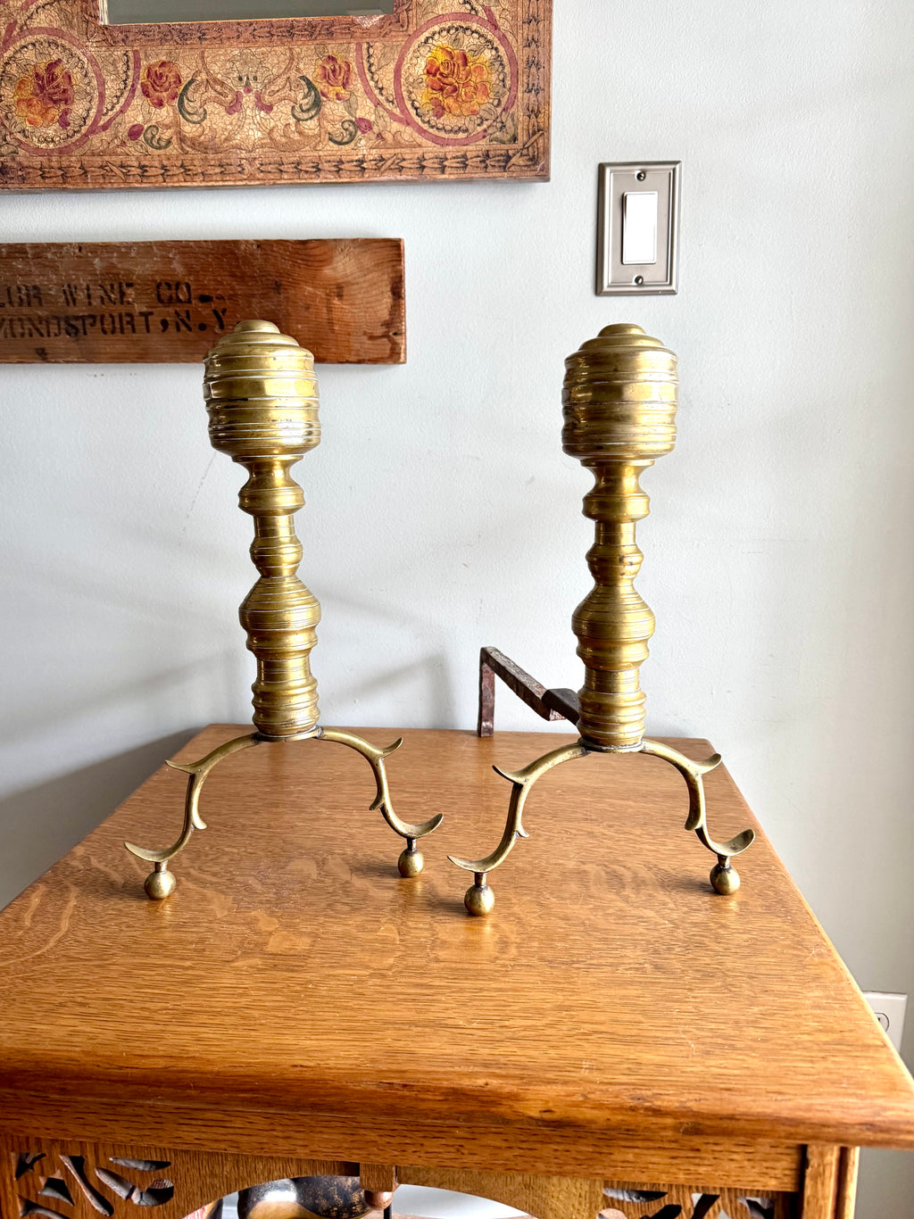 Pair of Victorian Style Andirons | Distressed Beehive Andirons | Queen Anne Style Andirons