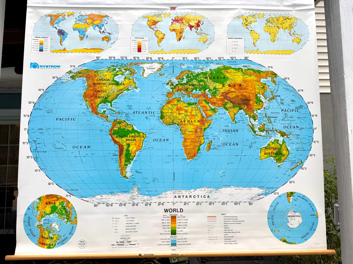 Vtg Nystrom Pull Down World Map ~ School Classroom Pull Down Map ~ 1 Layer Educational Map