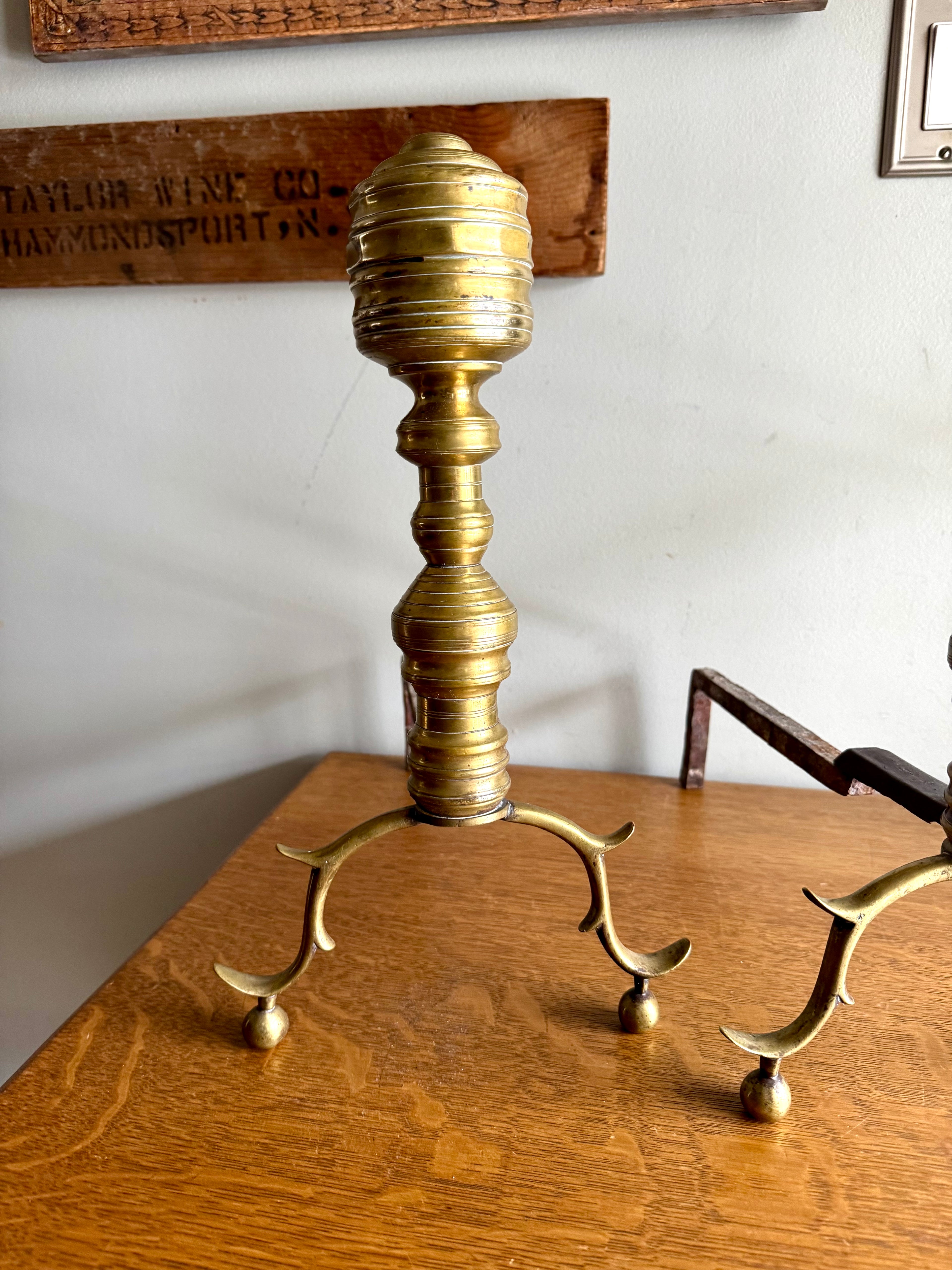 Pair of Victorian Style Andirons | Distressed Beehive Andirons | Queen Anne Style Andirons