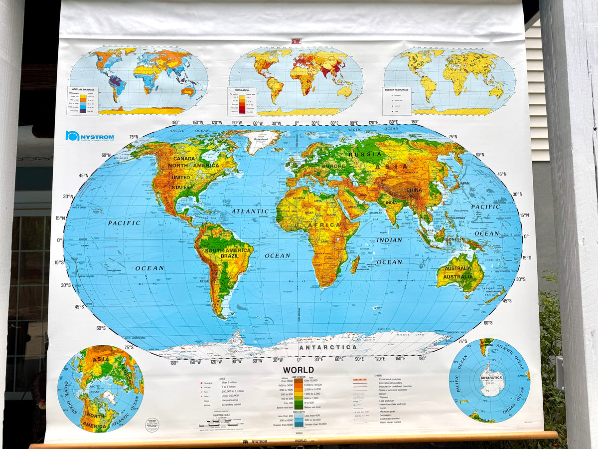 Vtg Nystrom Pull Down World Map ~ School Classroom Pull Down Map ~ 1 Layer Educational Map