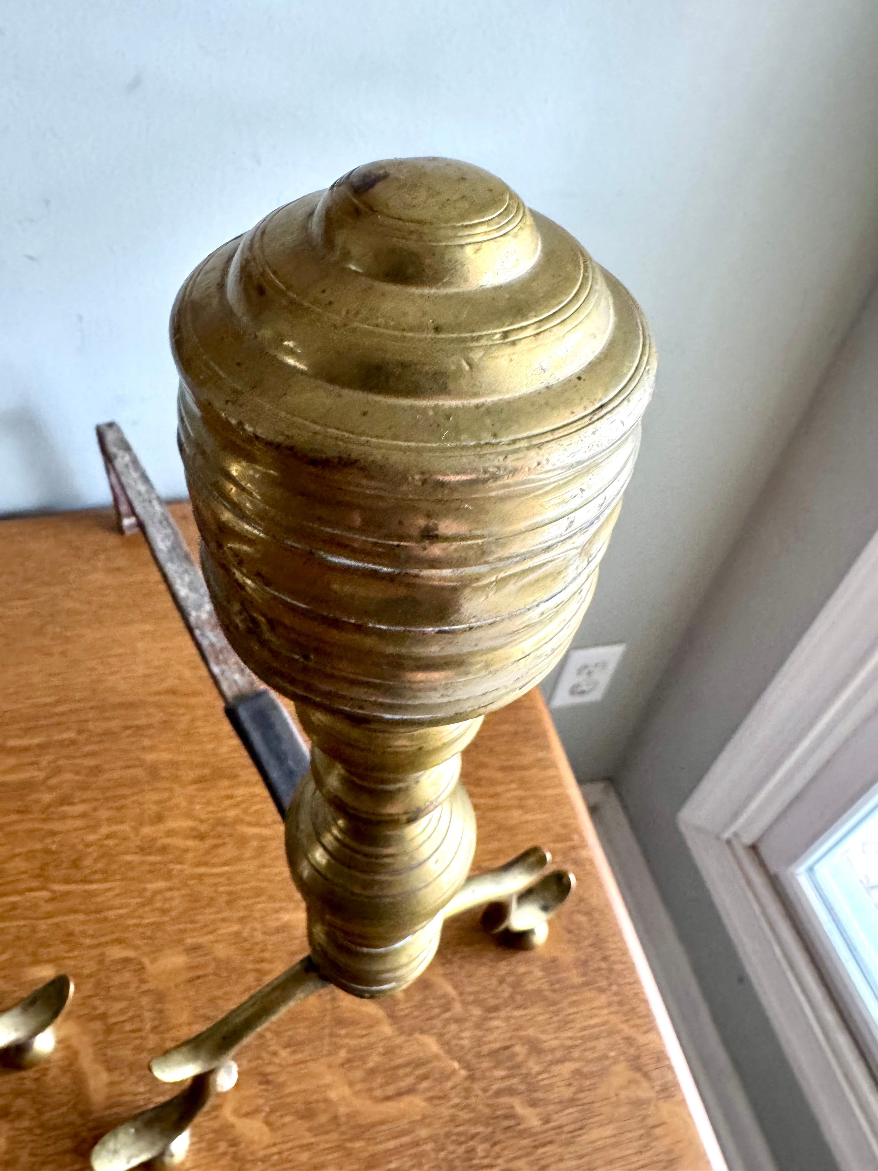 Pair of Victorian Style Andirons | Distressed Beehive Andirons | Queen Anne Style Andirons