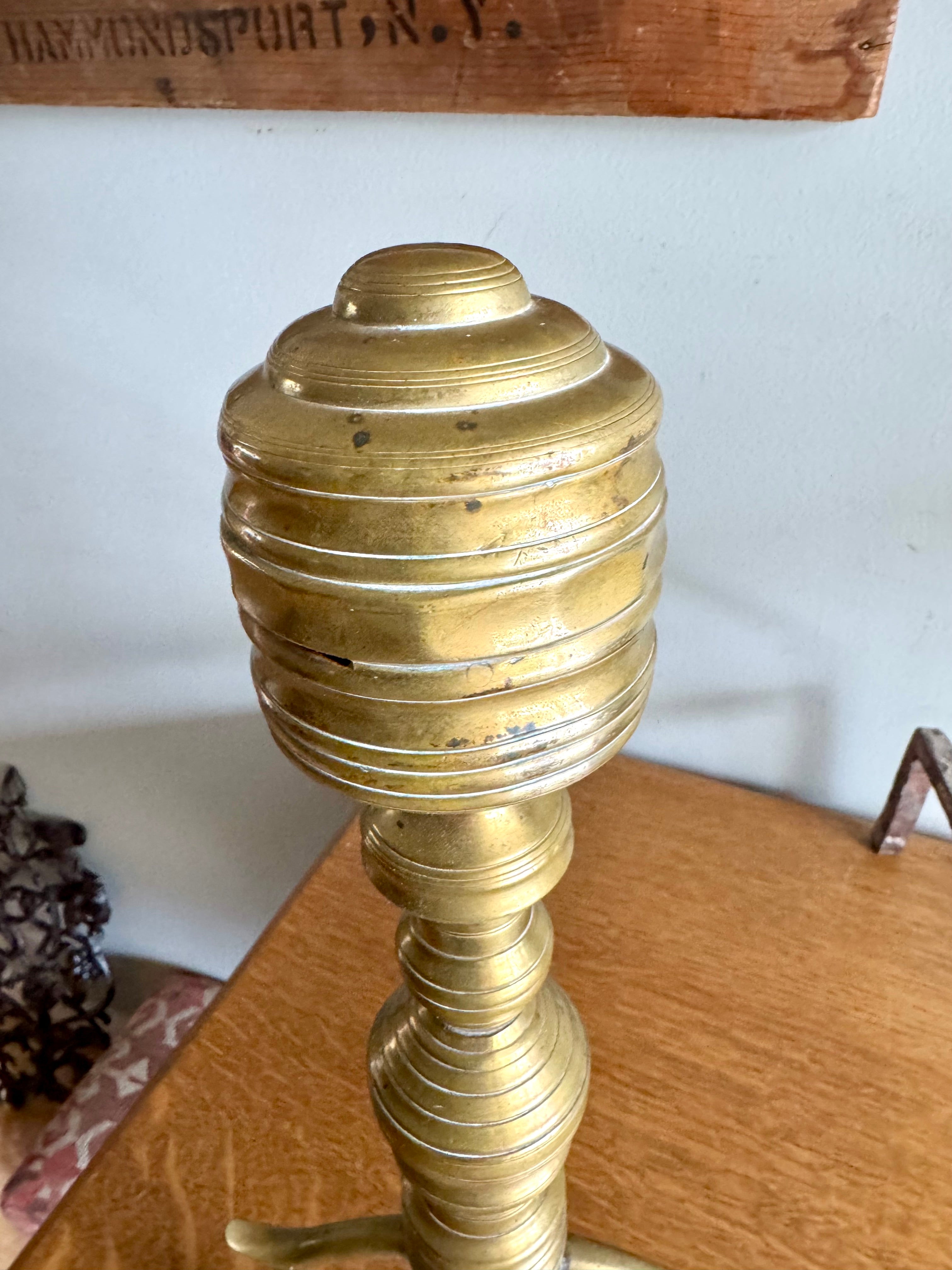 Pair of Victorian Style Andirons | Distressed Beehive Andirons | Queen Anne Style Andirons