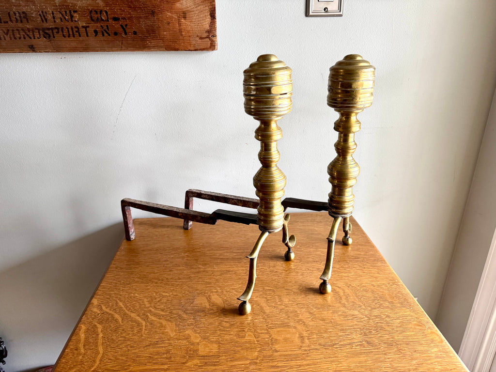 Pair of Victorian Style Andirons | Distressed Beehive Andirons | Queen Anne Style Andirons