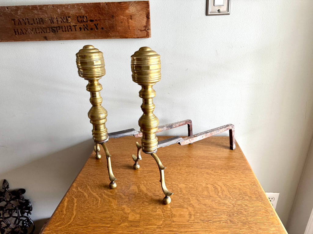 Pair of Victorian Style Andirons | Distressed Beehive Andirons | Queen Anne Style Andirons