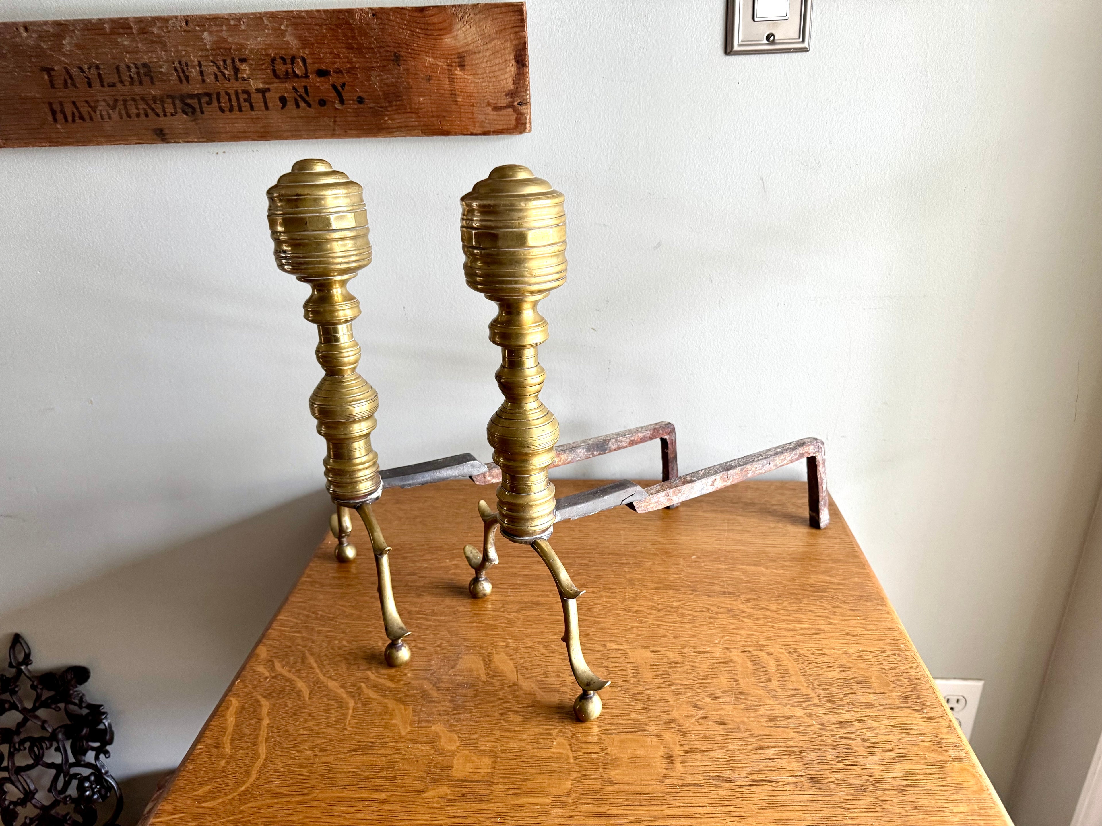 Pair of Victorian Style Andirons | Distressed Beehive Andirons | Queen Anne Style Andirons