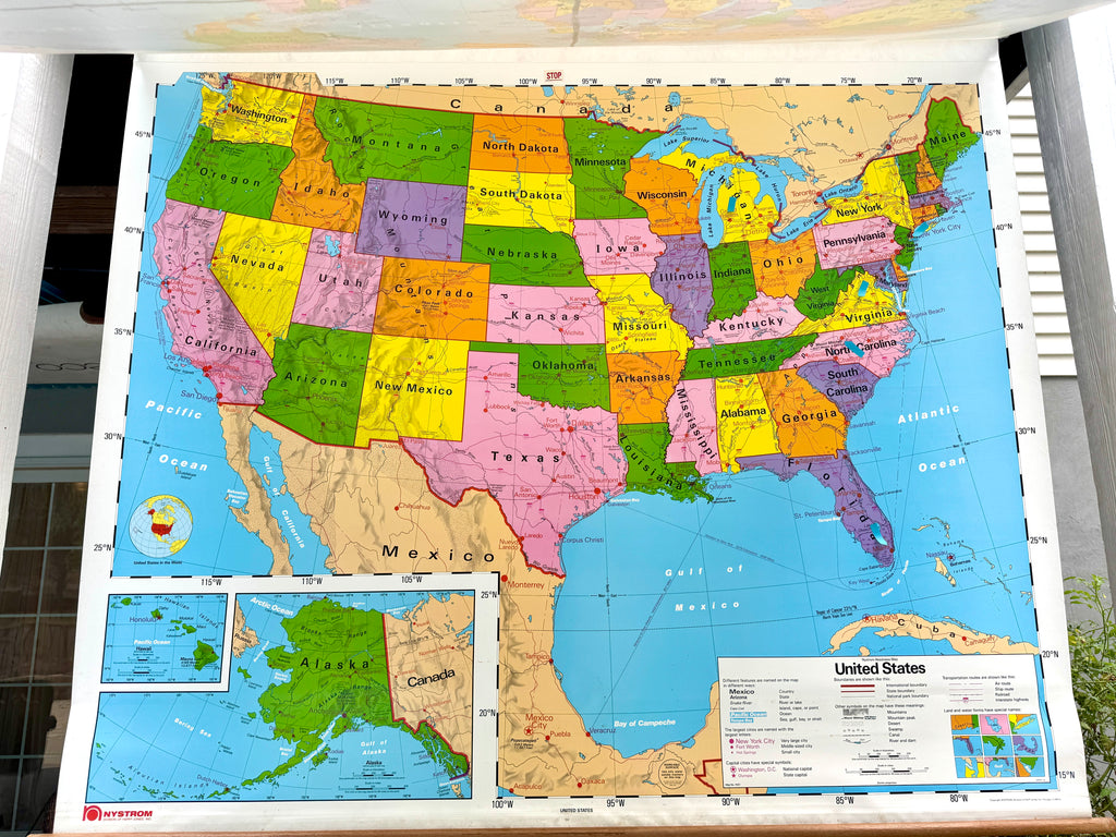 Vtg Nystrom Pull Down World/US Map ~ School Classroom Pull Down Map ~ 2 Layer Educational Map (Copy)