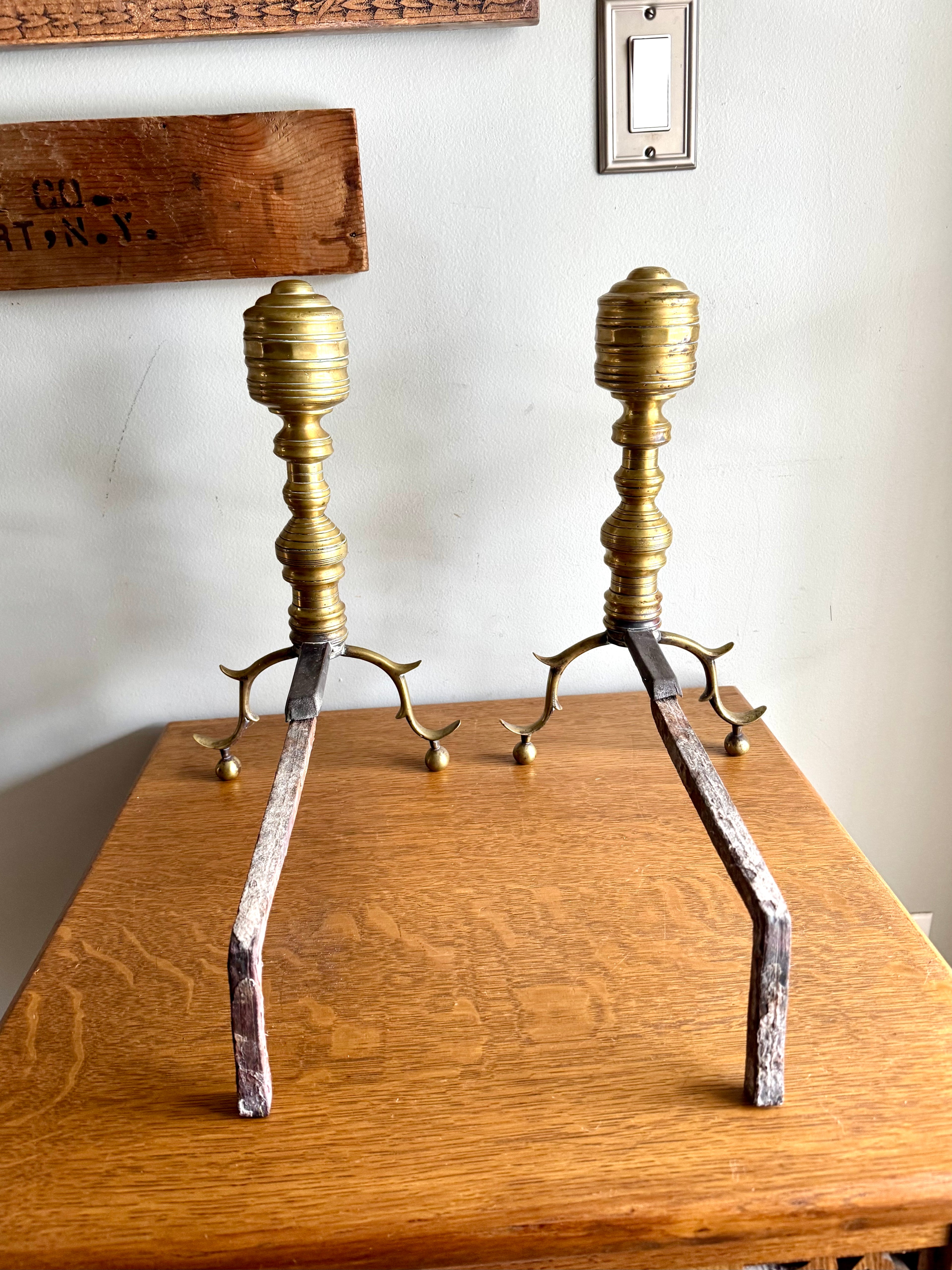 Pair of Victorian Style Andirons | Distressed Beehive Andirons | Queen Anne Style Andirons