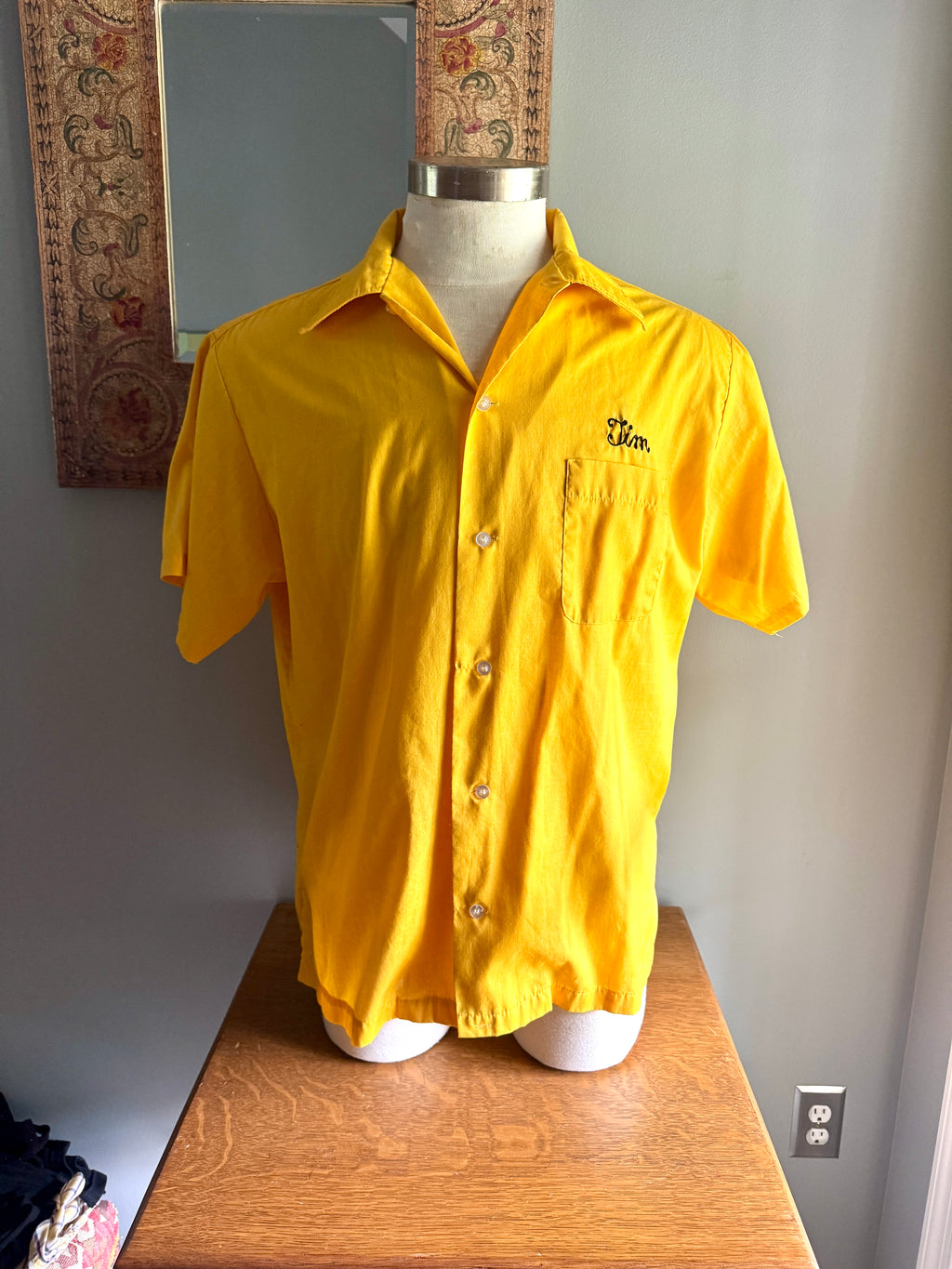 Vtg Yellow Buttom Up Work Shirt ~ J & J Vending Bowling Shirt ~ Yellow Bowling Shirt