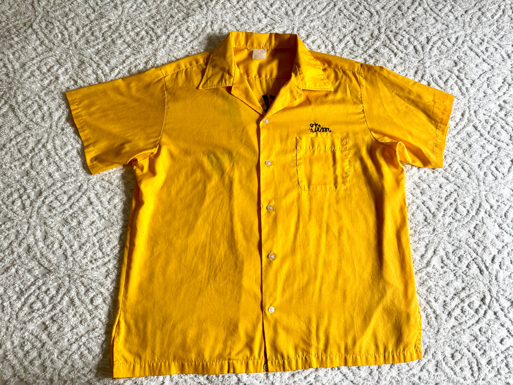 Vtg Yellow Buttom Up Work Shirt ~ J & J Vending Bowling Shirt ~ Yellow Bowling Shirt