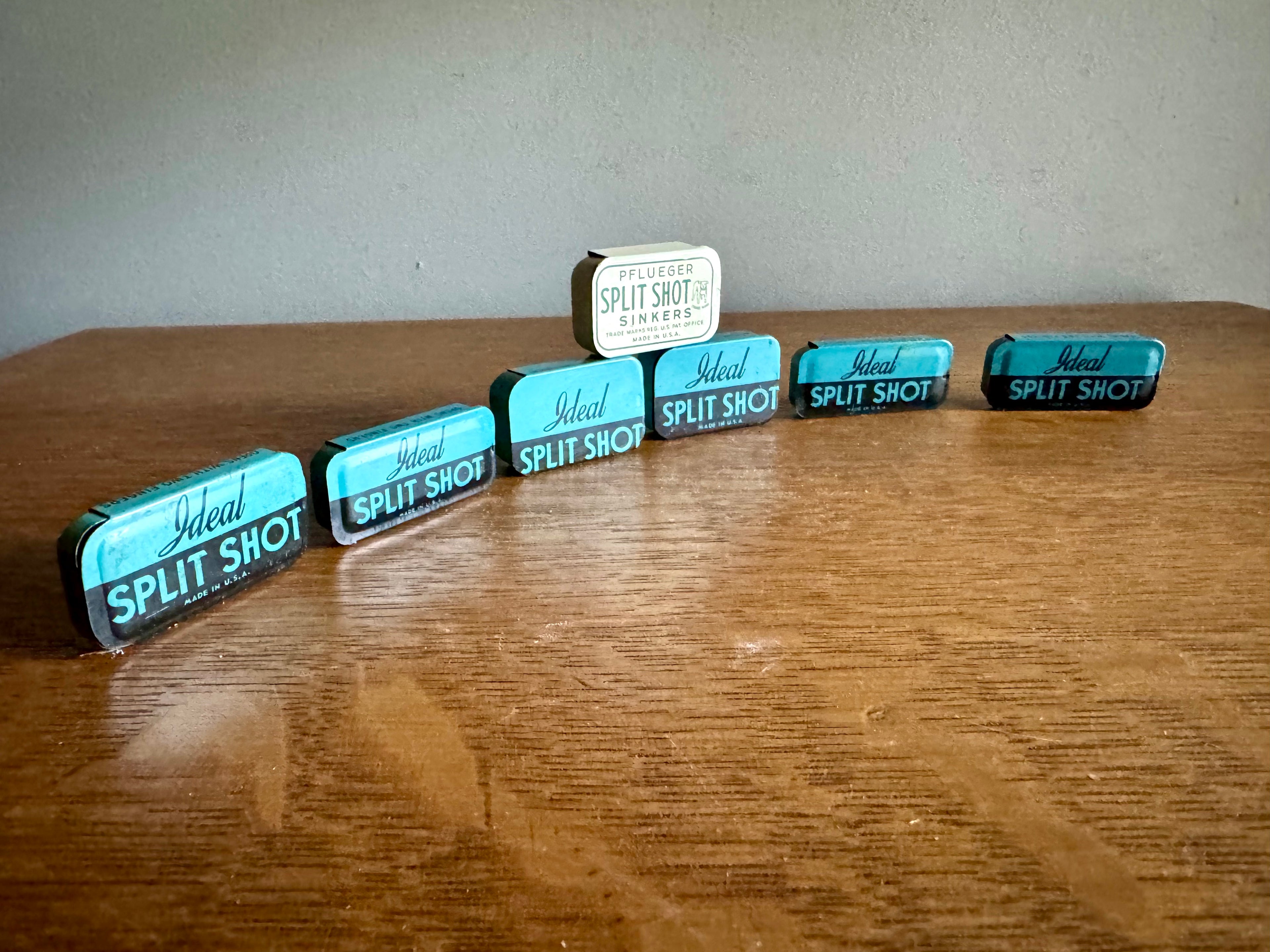 A Lot of 7 Split Shot Tins | 6 1950's Ideal Tins and 1 Pflueger Split Shot Tins | 50's Fishing