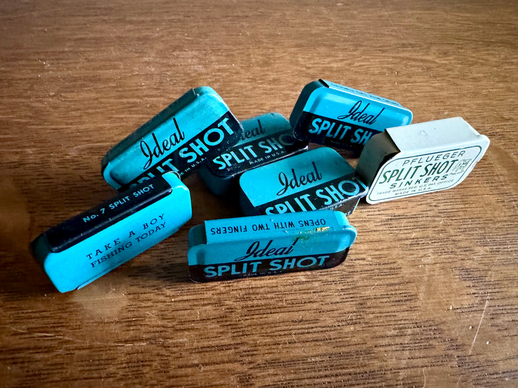 A Lot of 7 Split Shot Tins | 6 1950's Ideal Tins and 1 Pflueger Split Shot Tins | 50's Fishing