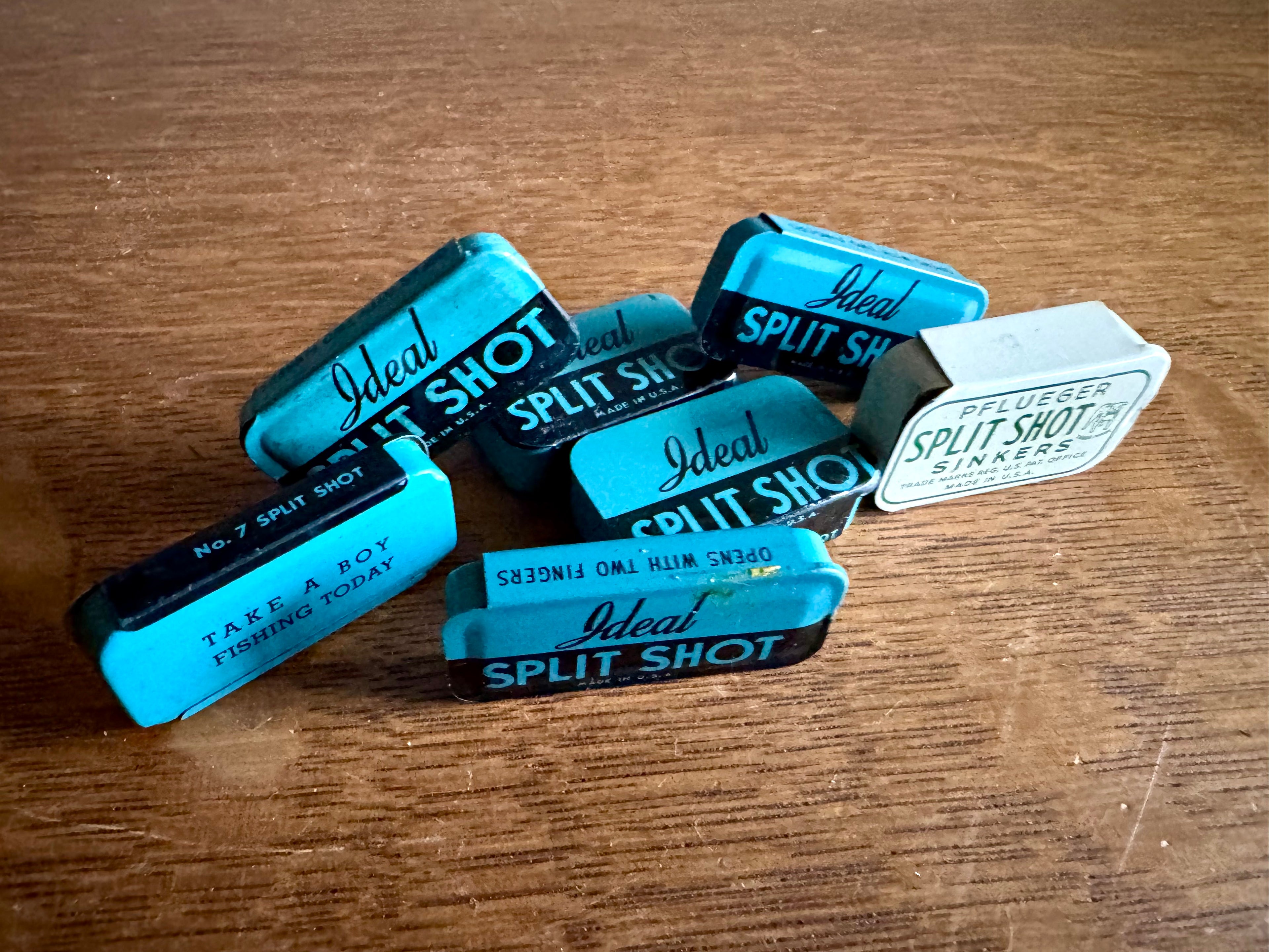 A Lot of 7 Split Shot Tins | 6 1950's Ideal Tins and 1 Pflueger Split Shot Tins | 50's Fishing