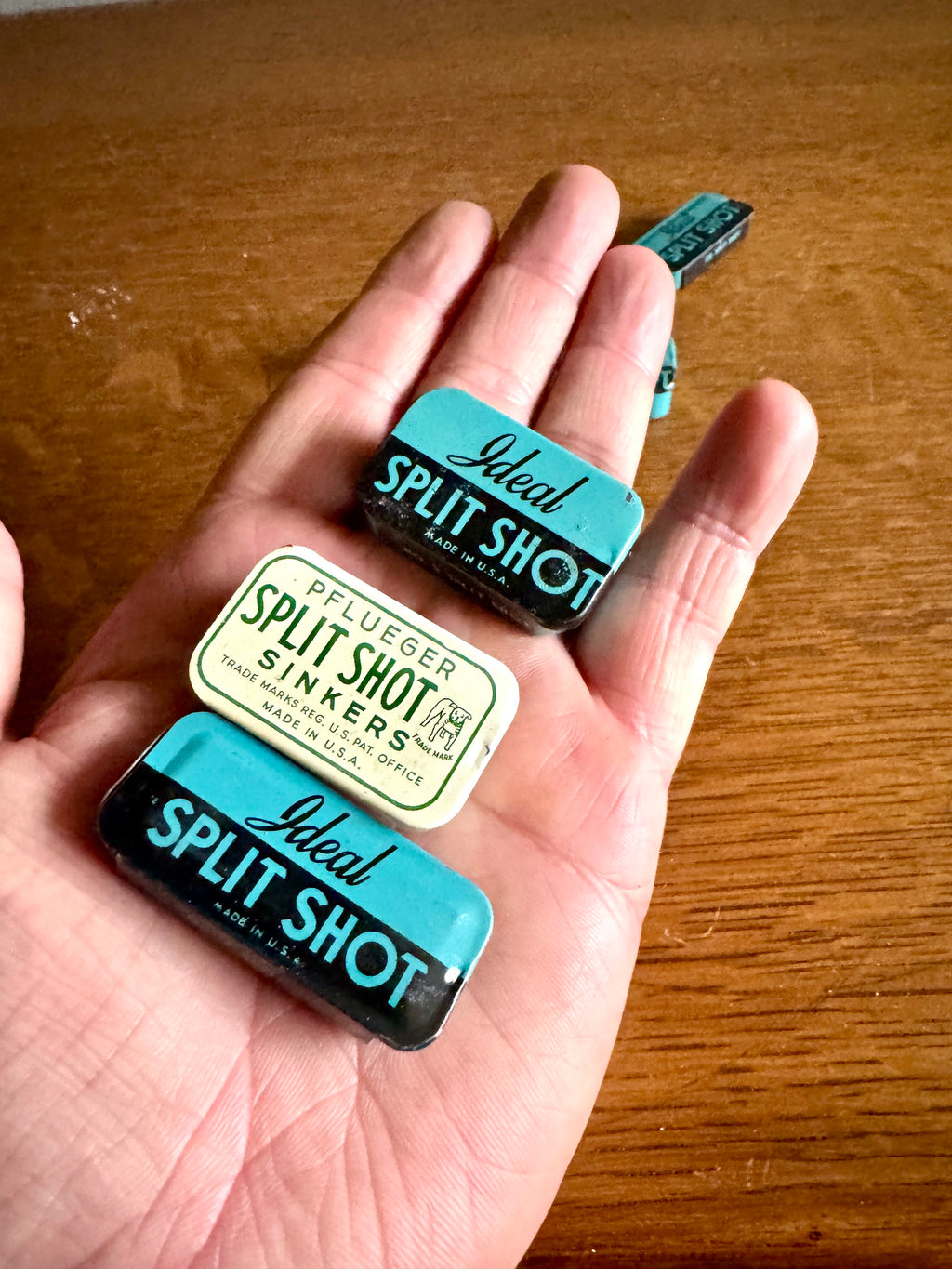 A Lot of 7 Split Shot Tins | 6 1950's Ideal Tins and 1 Pflueger Split Shot Tins | 50's Fishing