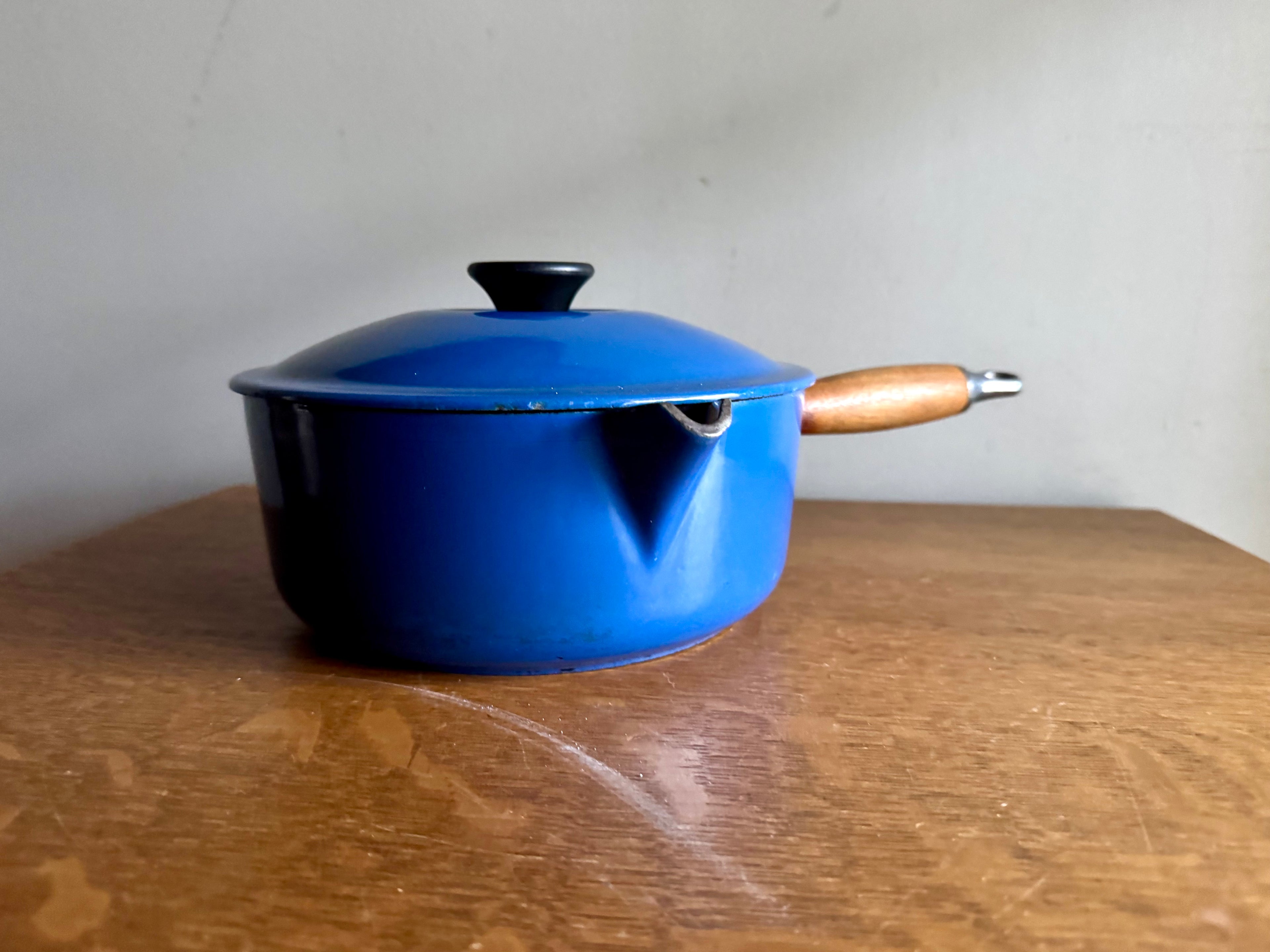 Large Cobalt Blue Le Creuset Lidded Pot #20 Saucier | 2.75 Qts Made in France Medium Cookware Enameled Sauce Pot Wood Handle | French Cookware