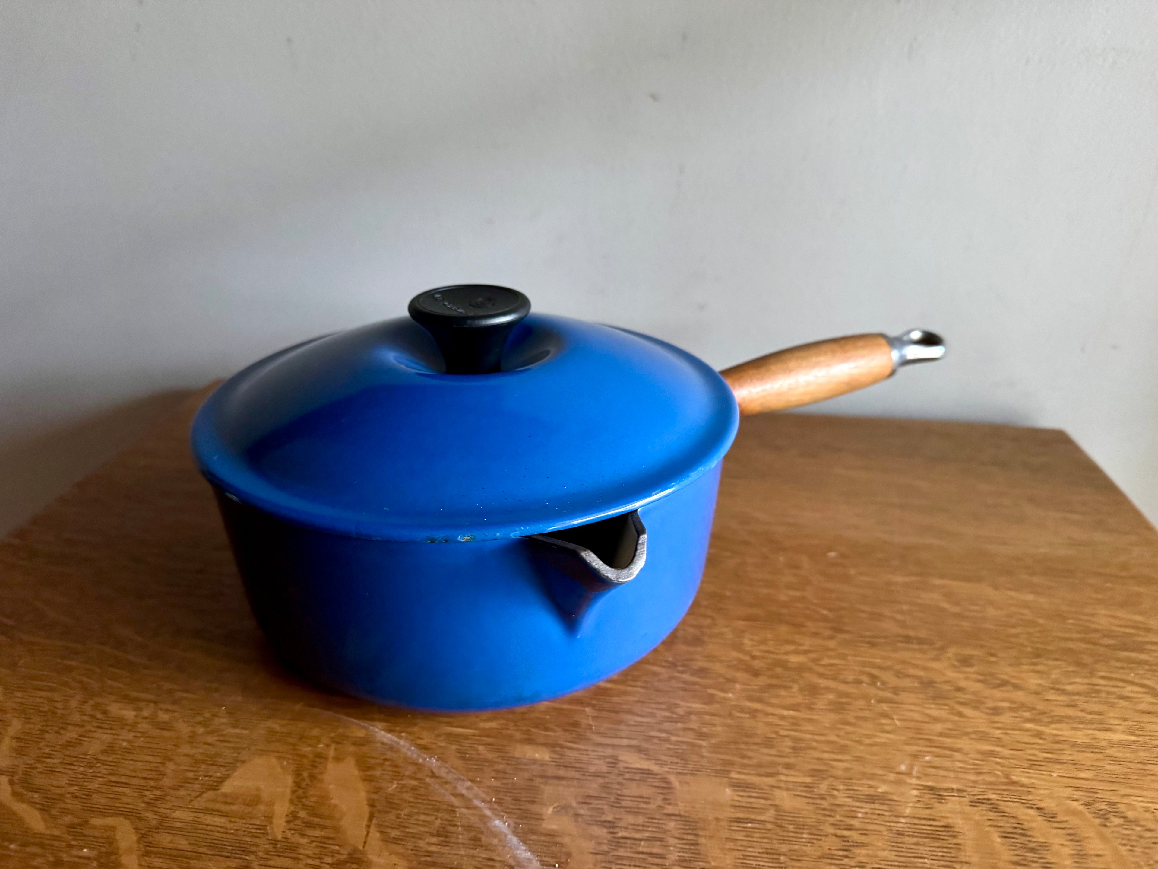 Large Cobalt Blue Le Creuset Lidded Pot #20 Saucier | 2.75 Qts Made in France Medium Cookware Enameled Sauce Pot Wood Handle | French Cookware