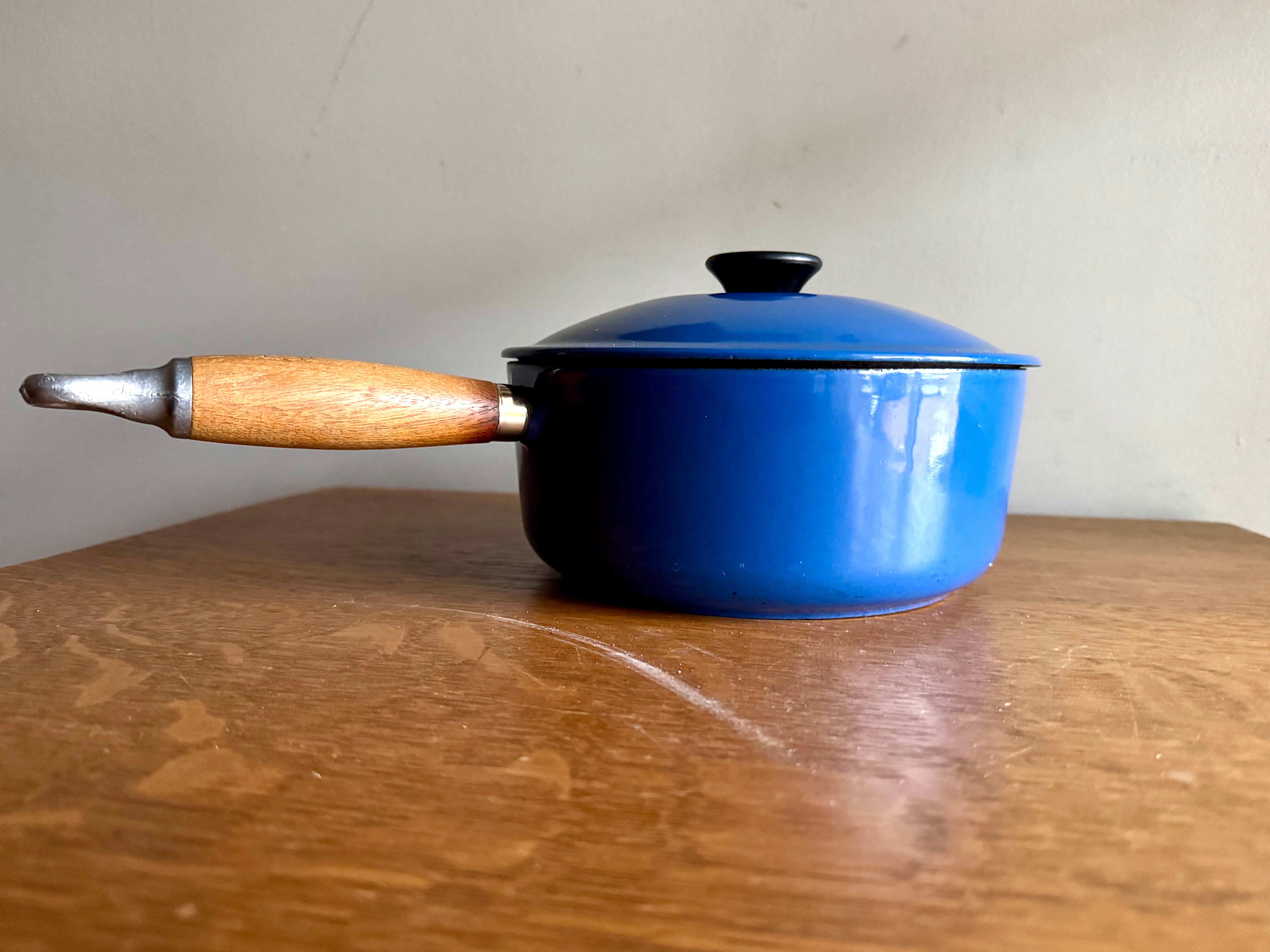 Large Cobalt Blue Le Creuset Lidded Pot #20 Saucier | 2.75 Qts Made in France Medium Cookware Enameled Sauce Pot Wood Handle | French Cookware
