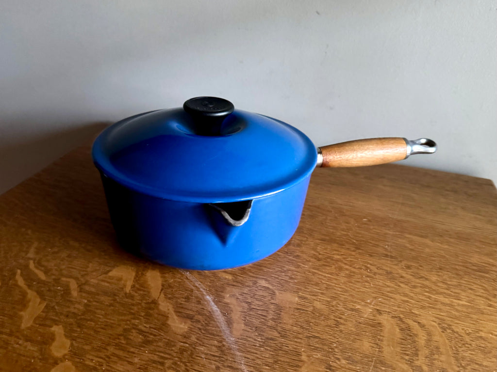 Large Cobalt Blue Le Creuset Lidded Pot #20 Saucier | 2.75 Qts Made in France Medium Cookware Enameled Sauce Pot Wood Handle | French Cookware