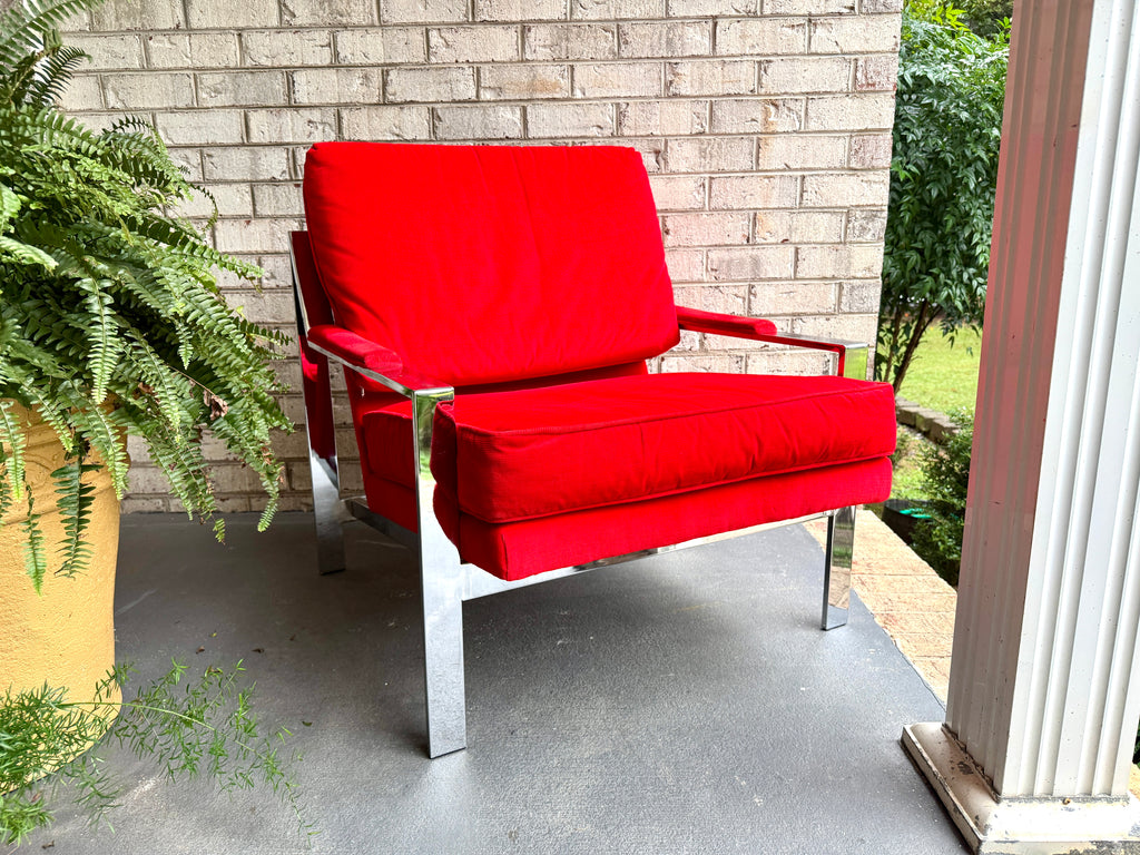 1970s Milo Baughman Attributed Chrome Lounge Chair in Red Velvet ~ Vtg Red Milo Baughman Style Flat Bar Chrome Arm Chair