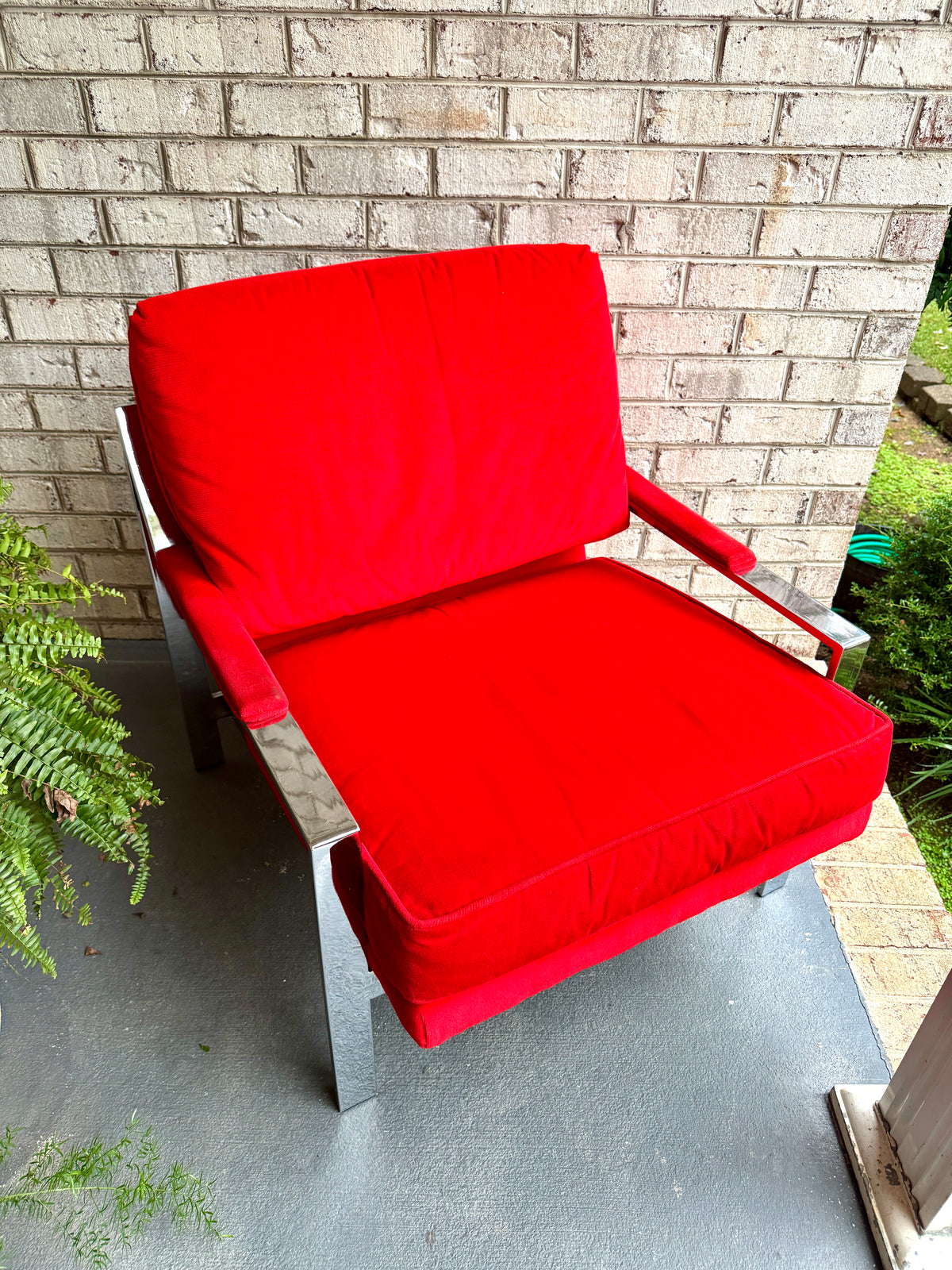 1970s Milo Baughman Attributed Chrome Lounge Chair in Red Velvet ~ Vtg Red Milo Baughman Style Flat Bar Chrome Arm Chair