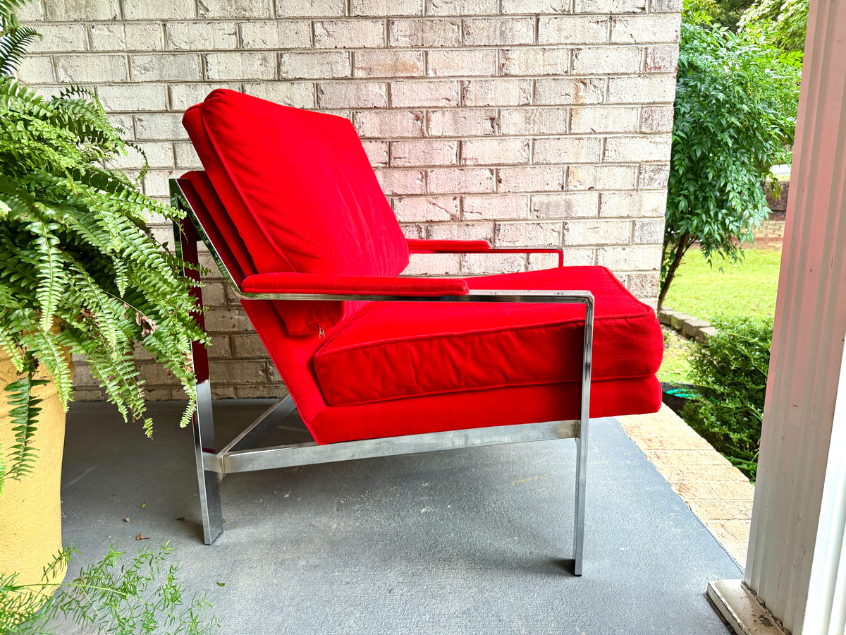1970s Milo Baughman Attributed Chrome Lounge Chair in Red Velvet ~ Vtg Red Milo Baughman Style Flat Bar Chrome Arm Chair