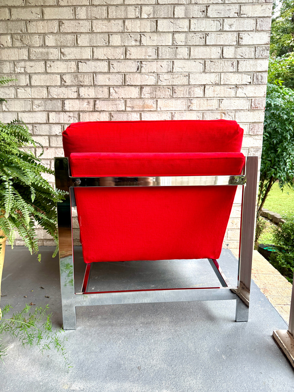1970s Milo Baughman Attributed Chrome Lounge Chair in Red Velvet ~ Vtg Red Milo Baughman Style Flat Bar Chrome Arm Chair