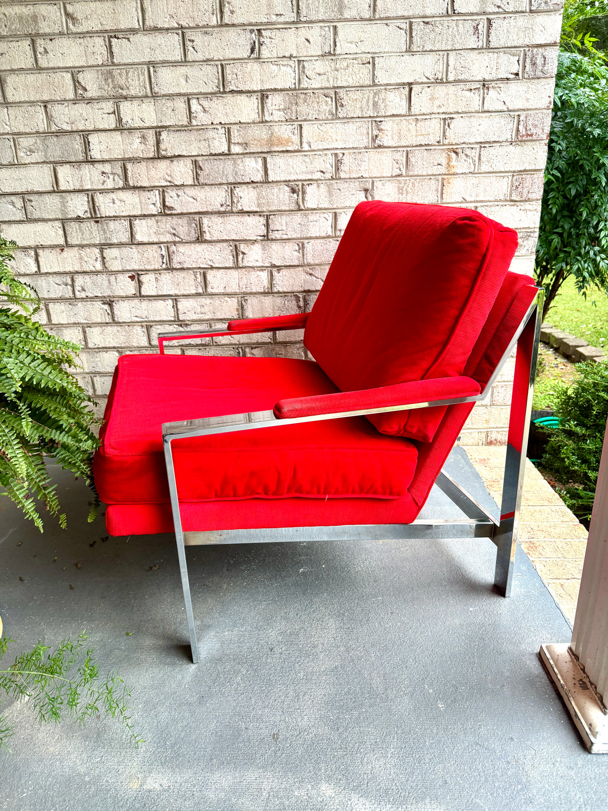 1970s Milo Baughman Attributed Chrome Lounge Chair in Red Velvet ~ Vtg Red Milo Baughman Style Flat Bar Chrome Arm Chair