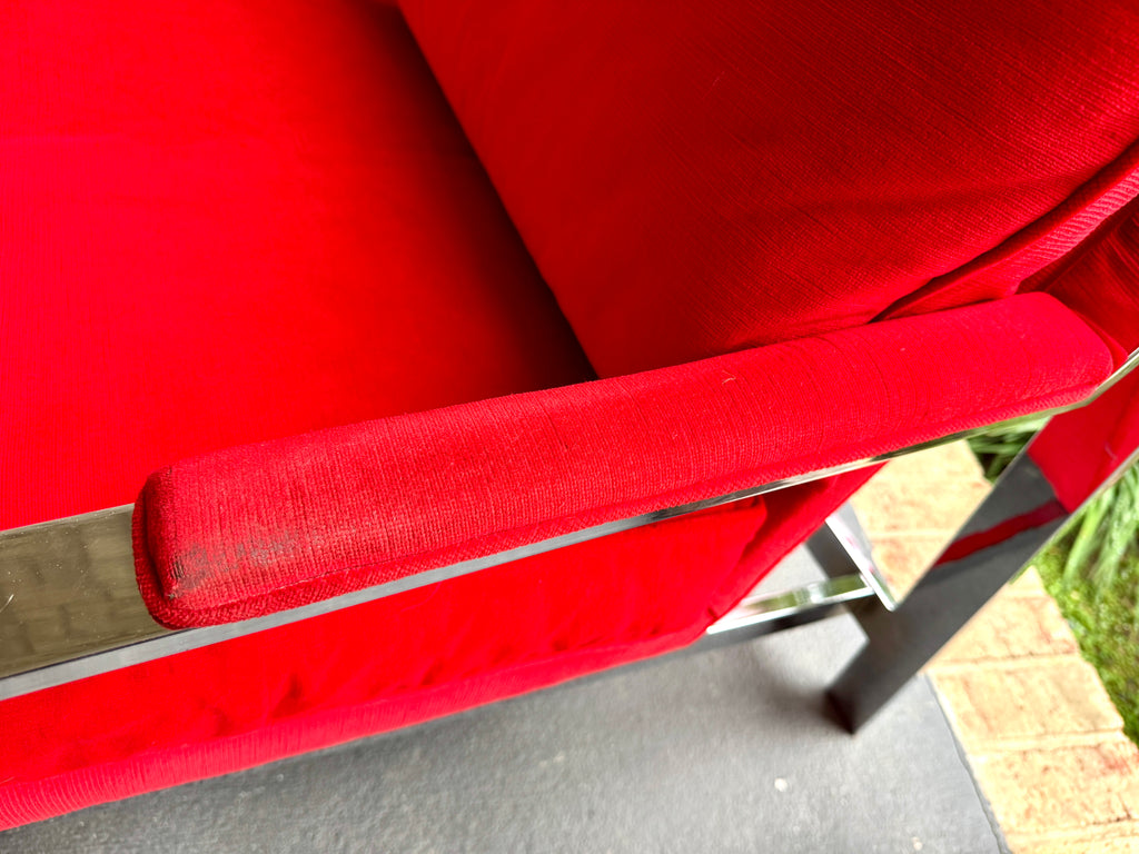 1970s Milo Baughman Attributed Chrome Lounge Chair in Red Velvet ~ Vtg Red Milo Baughman Style Flat Bar Chrome Arm Chair