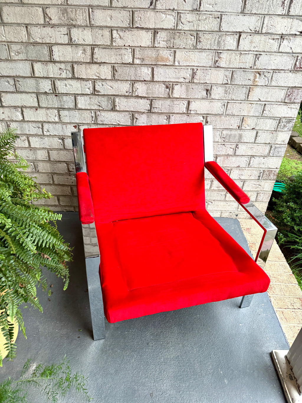 1970s Milo Baughman Attributed Chrome Lounge Chair in Red Velvet ~ Vtg Red Milo Baughman Style Flat Bar Chrome Arm Chair