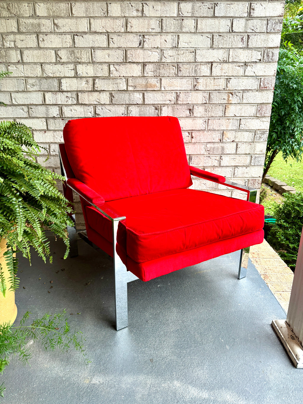 1970s Milo Baughman Attributed Chrome Lounge Chair in Red Velvet ~ Vtg Red Milo Baughman Style Flat Bar Chrome Arm Chair