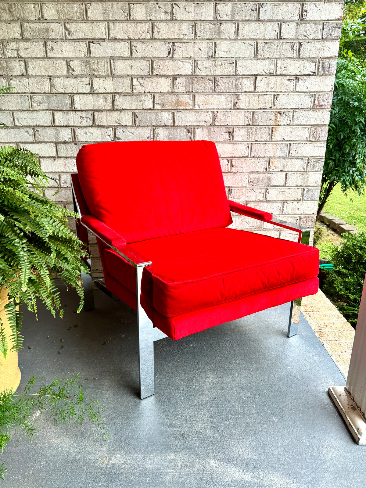 1970s Milo Baughman Attributed Chrome Lounge Chair in Red Velvet ~ Vtg Red Milo Baughman Style Flat Bar Chrome Arm Chair