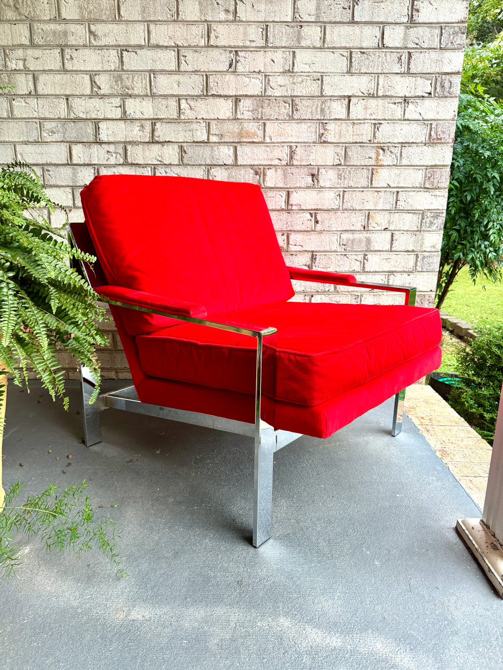 1970s Milo Baughman Attributed Chrome Lounge Chair in Red Velvet ~ Vtg Red Milo Baughman Style Flat Bar Chrome Arm Chair