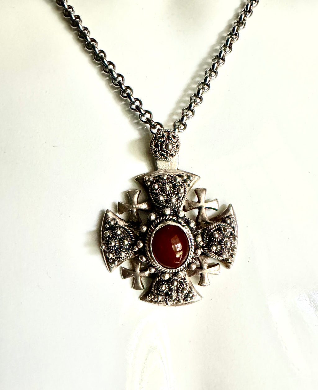 Vtg Bethlehem 950 Silver Jerusalem Cross ~ Filigree Silver Cross Pendant With Gemstone