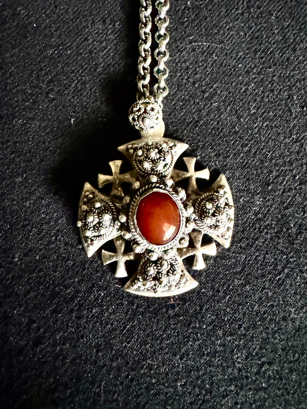 Vtg Bethlehem 950 Silver Jerusalem Cross ~ Filigree Silver Cross Pendant With Gemstone