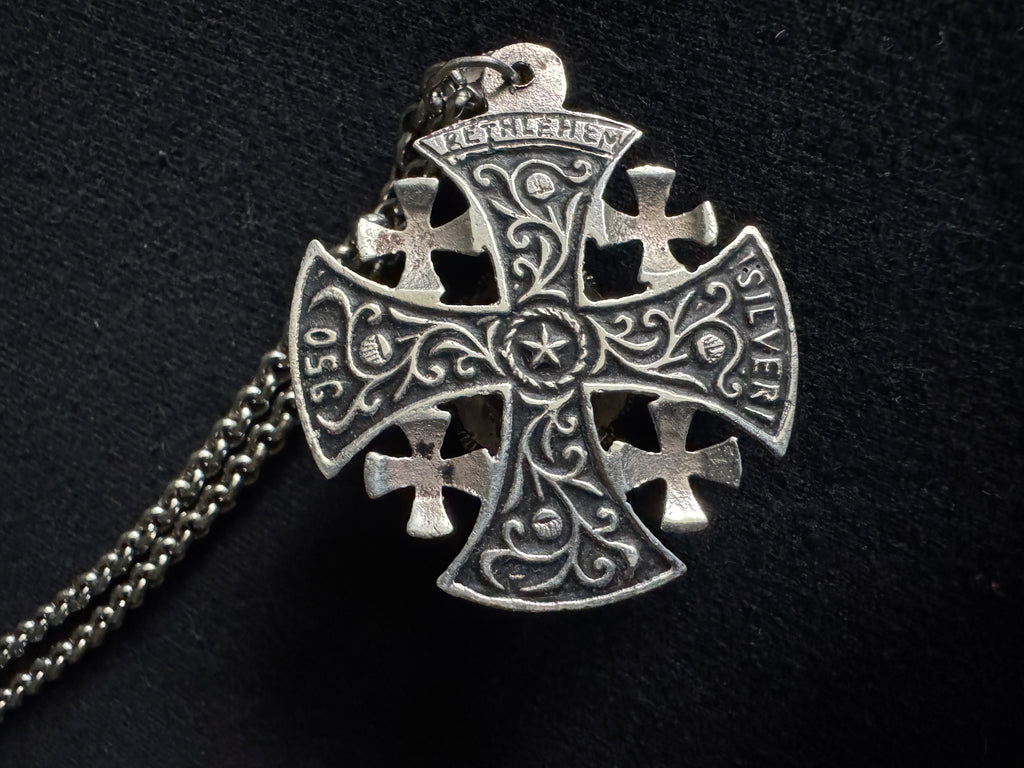 Vtg Bethlehem 950 Silver Jerusalem Cross ~ Filigree Silver Cross Pendant With Gemstone