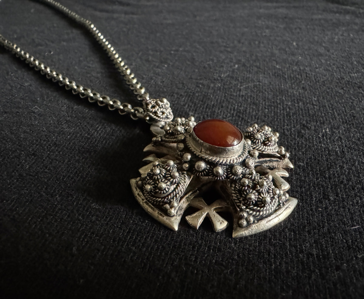 Vtg Bethlehem 950 Silver Jerusalem Cross ~ Filigree Silver Cross Pendant With Gemstone
