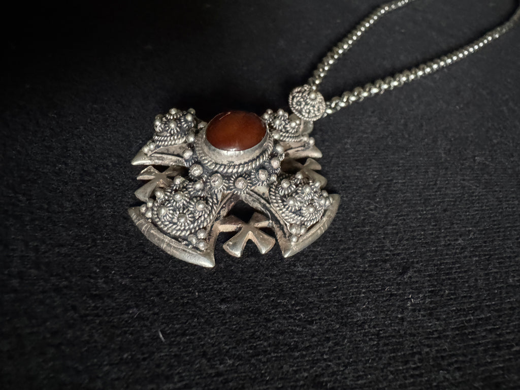 Vtg Bethlehem 950 Silver Jerusalem Cross ~ Filigree Silver Cross Pendant With Gemstone
