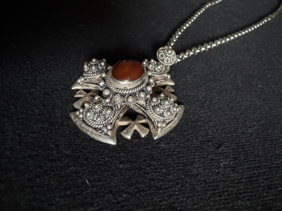 Vtg Bethlehem 950 Silver Jerusalem Cross ~ Filigree Silver Cross Pendant With Gemstone