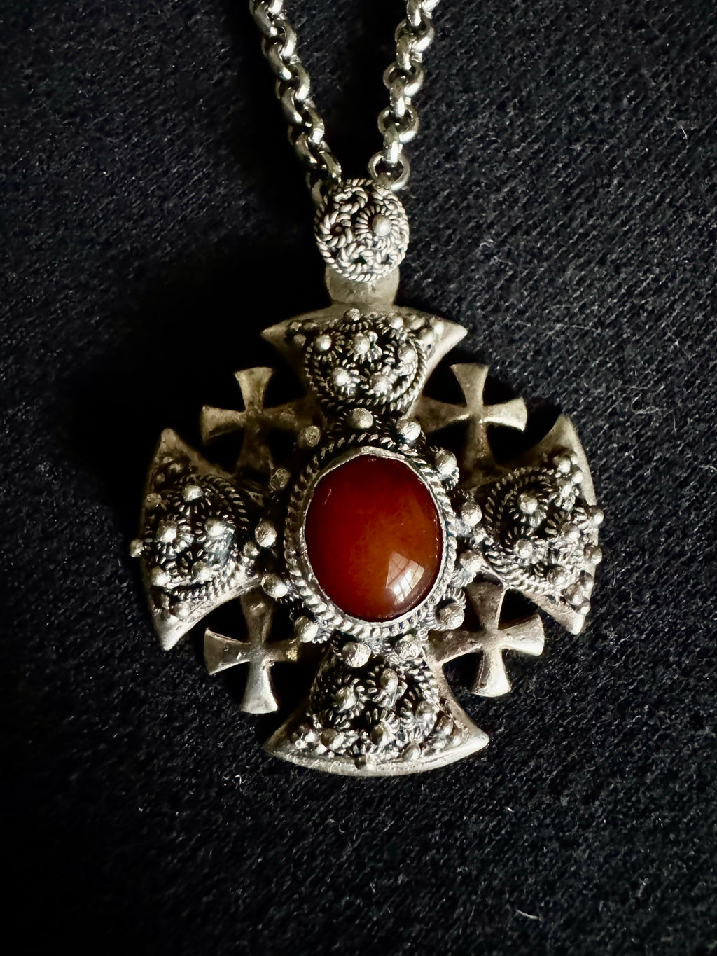 Vtg Bethlehem 950 Silver Jerusalem Cross ~ Filigree Silver Cross Pendant With Gemstone