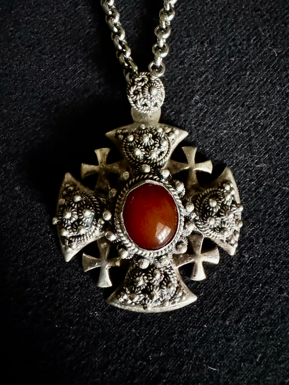 Vtg Bethlehem 950 Silver Jerusalem Cross ~ Filigree Silver Cross Pendant With Gemstone