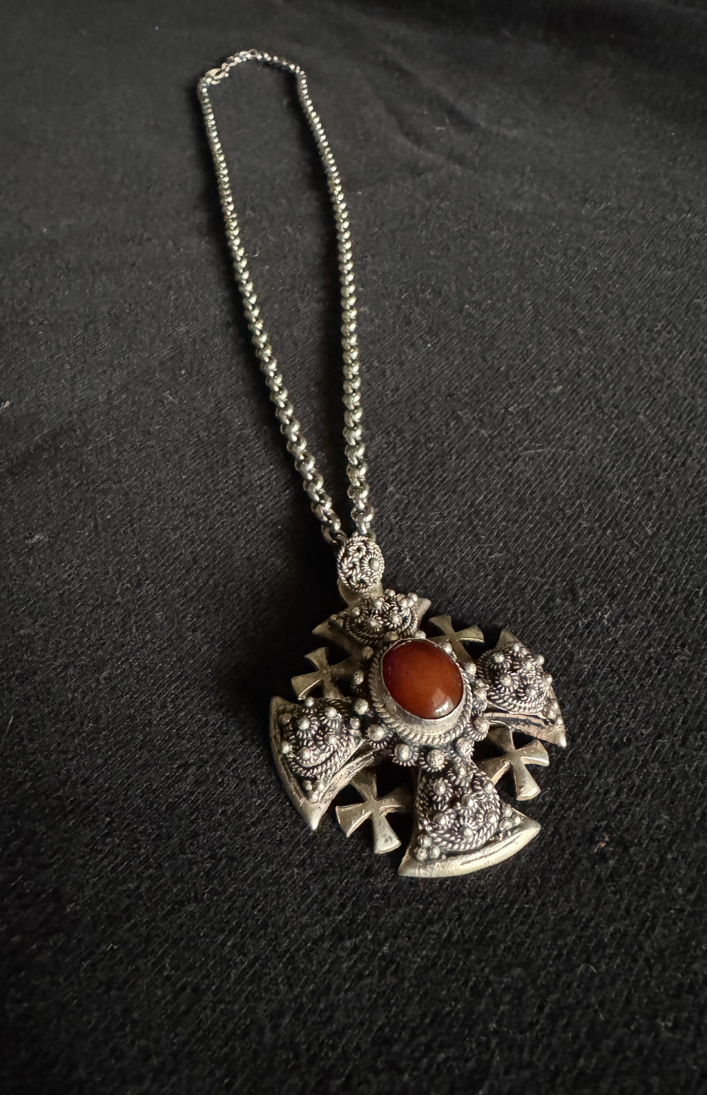 Vtg Bethlehem 950 Silver Jerusalem Cross ~ Filigree Silver Cross Pendant With Gemstone