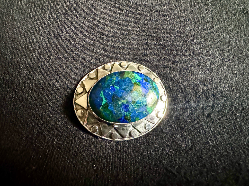 Vtg Artisan Sterling Silver Brooch w. Azurite Cabochon Stone ~ Southwestern Silver Brooch
