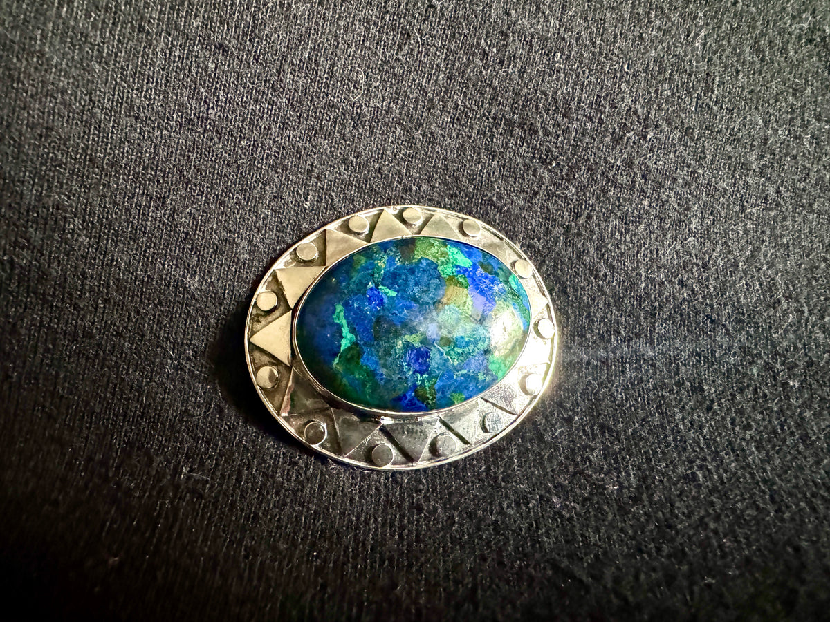 Vtg Artisan Sterling Silver Brooch w. Azurite Cabochon Stone ~ Southwestern Silver Brooch