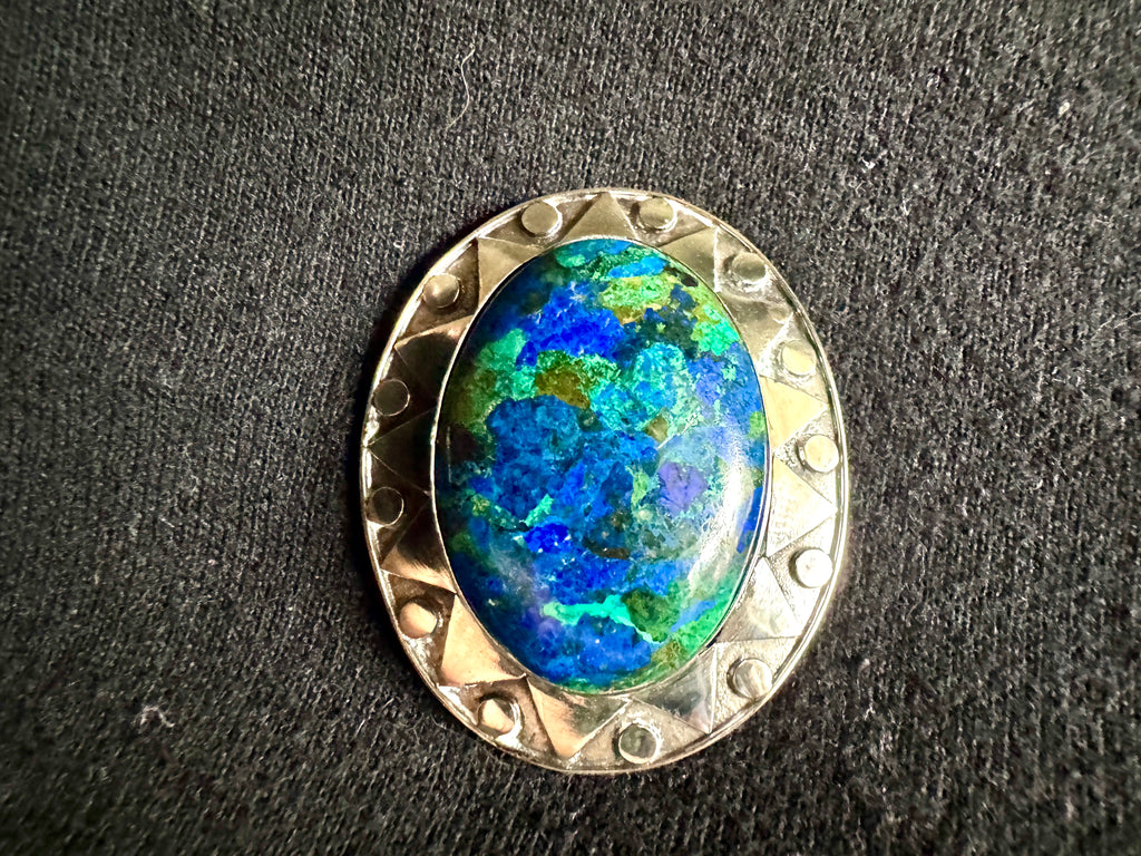 Vtg Artisan Sterling Silver Brooch w. Azurite Cabochon Stone ~ Southwestern Silver Brooch