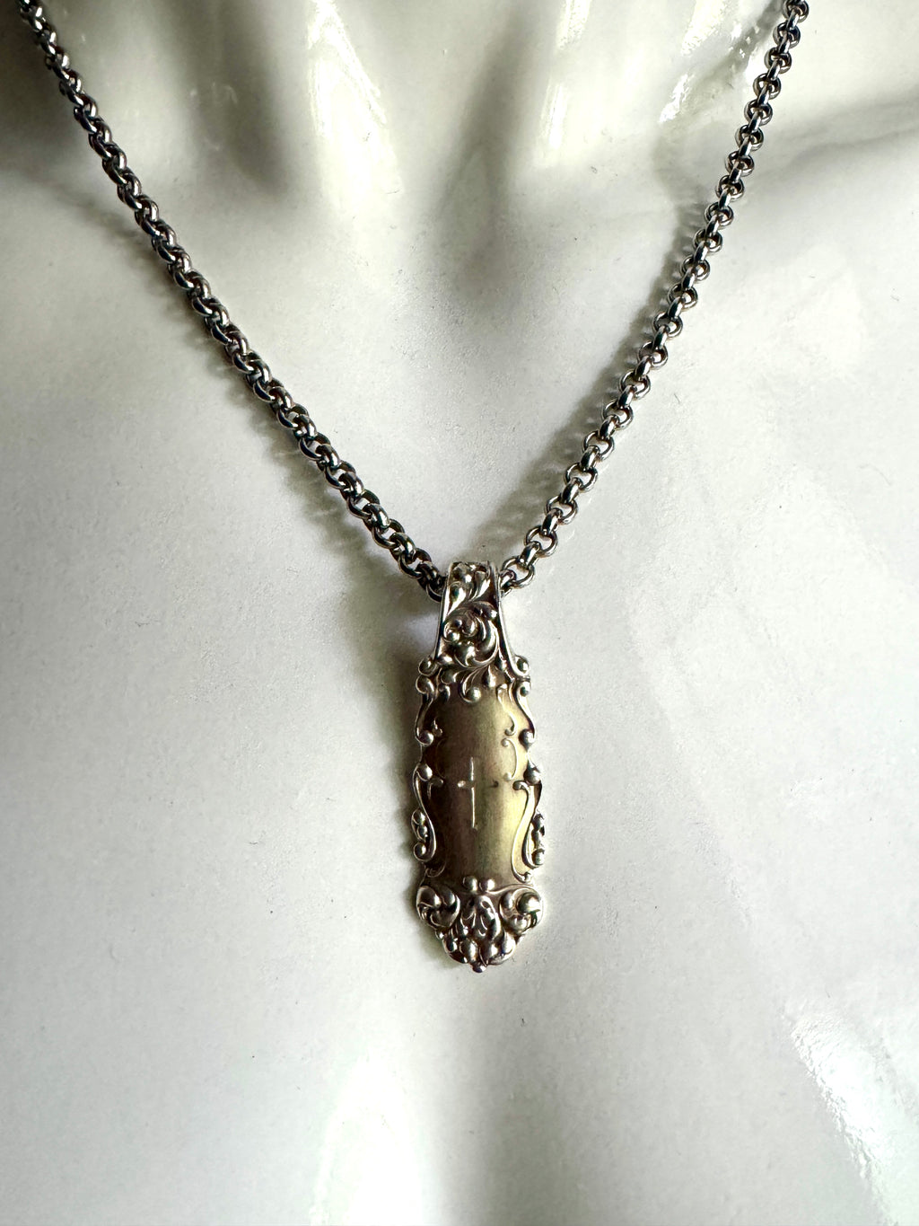 Vtg Ornate Sterling Silver Spoon Pendant ~ Silver Spoon Cross Pendant
