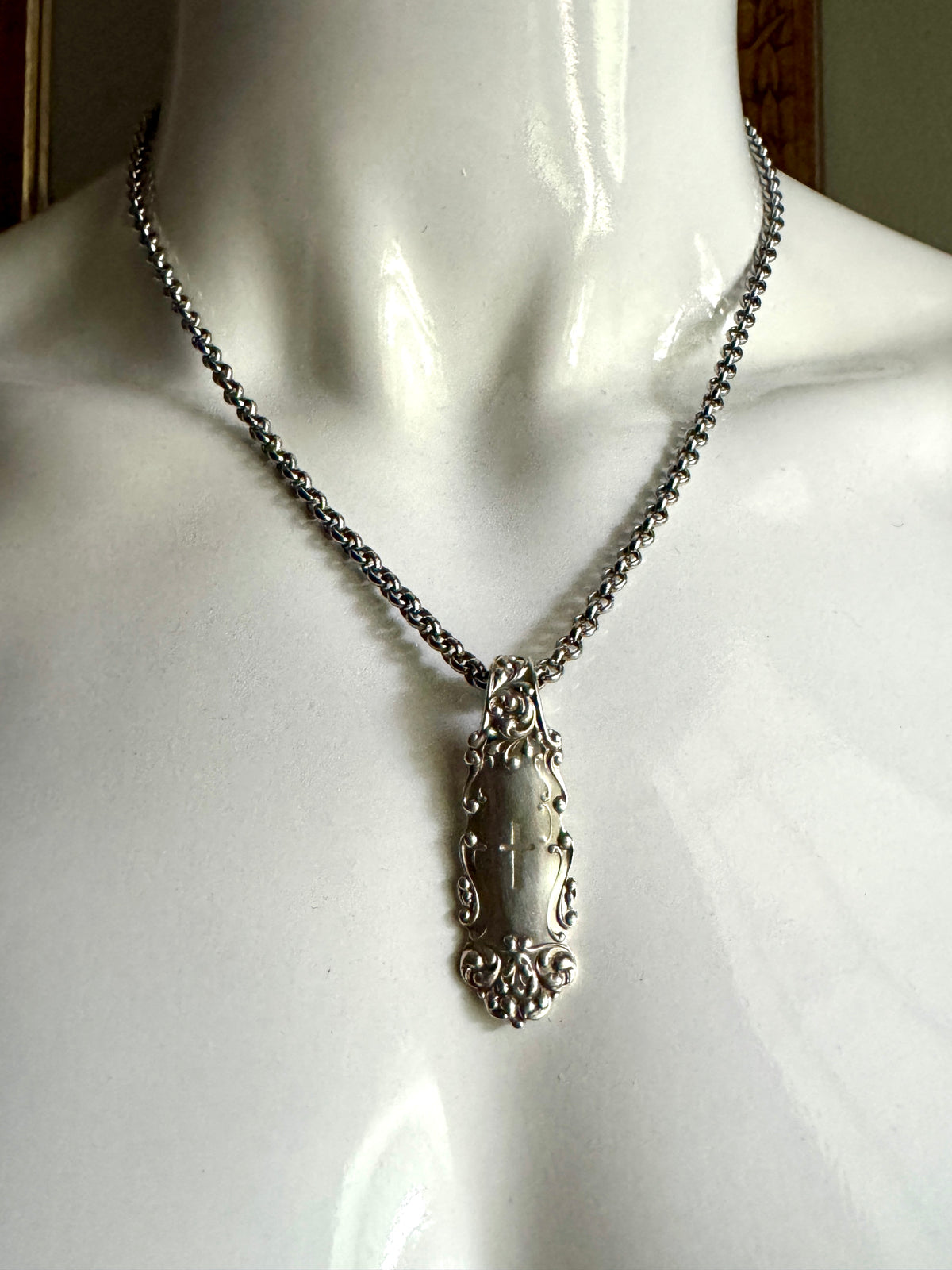Vtg Ornate Sterling Silver Spoon Pendant ~ Silver Spoon Cross Pendant