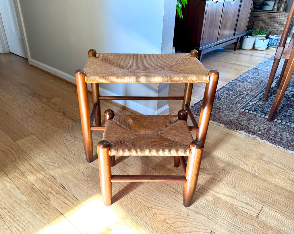Vtg E.A. Clore Rush Top Fireside Bench | Shaker Style Rush Bench