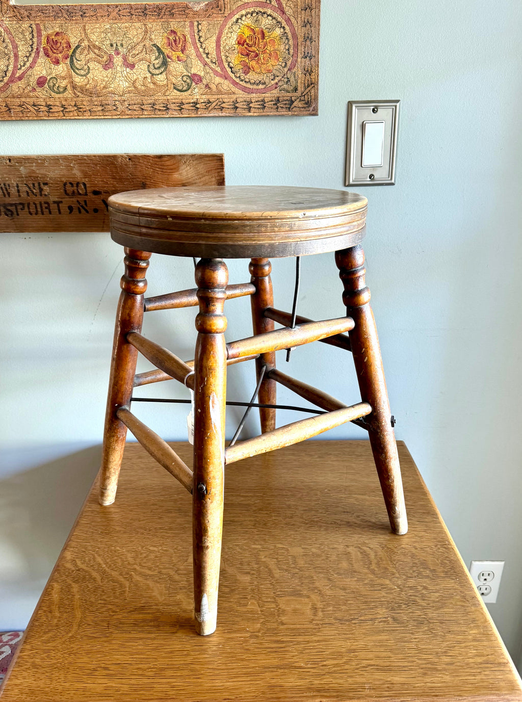 Antique Turned Leg Wooden Stool | Heywood Wakefield Style Wooden Stool