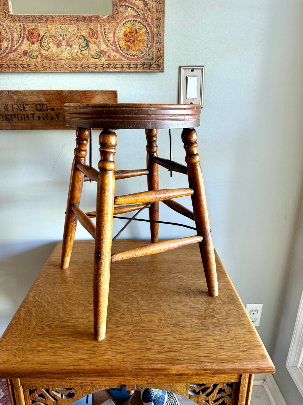 Antique Turned Leg Wooden Stool | Heywood Wakefield Style Wooden Stool